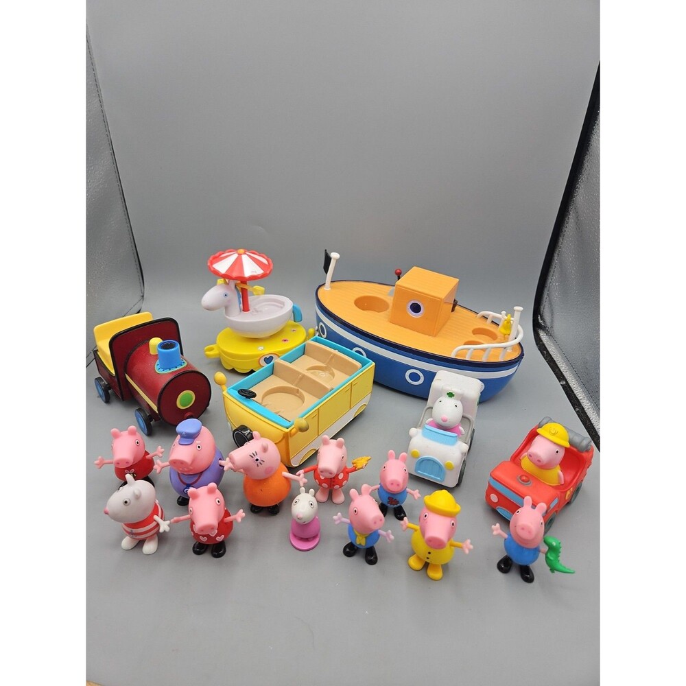 Lot Of Peppa Pig Figures 3” Pig And Friends With Vehicles Boat Train Car